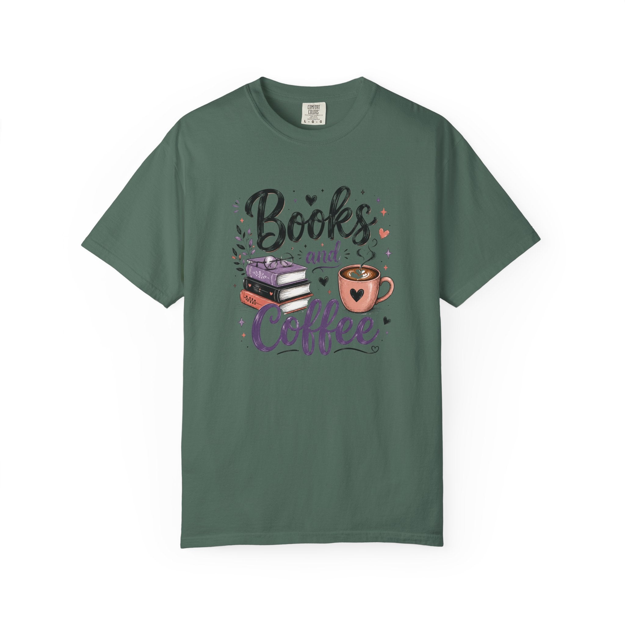 Books and Coffee Shirt | Cozy Book Lover Graphic Tee | Vintage Garment-Dyed Reader Shirt