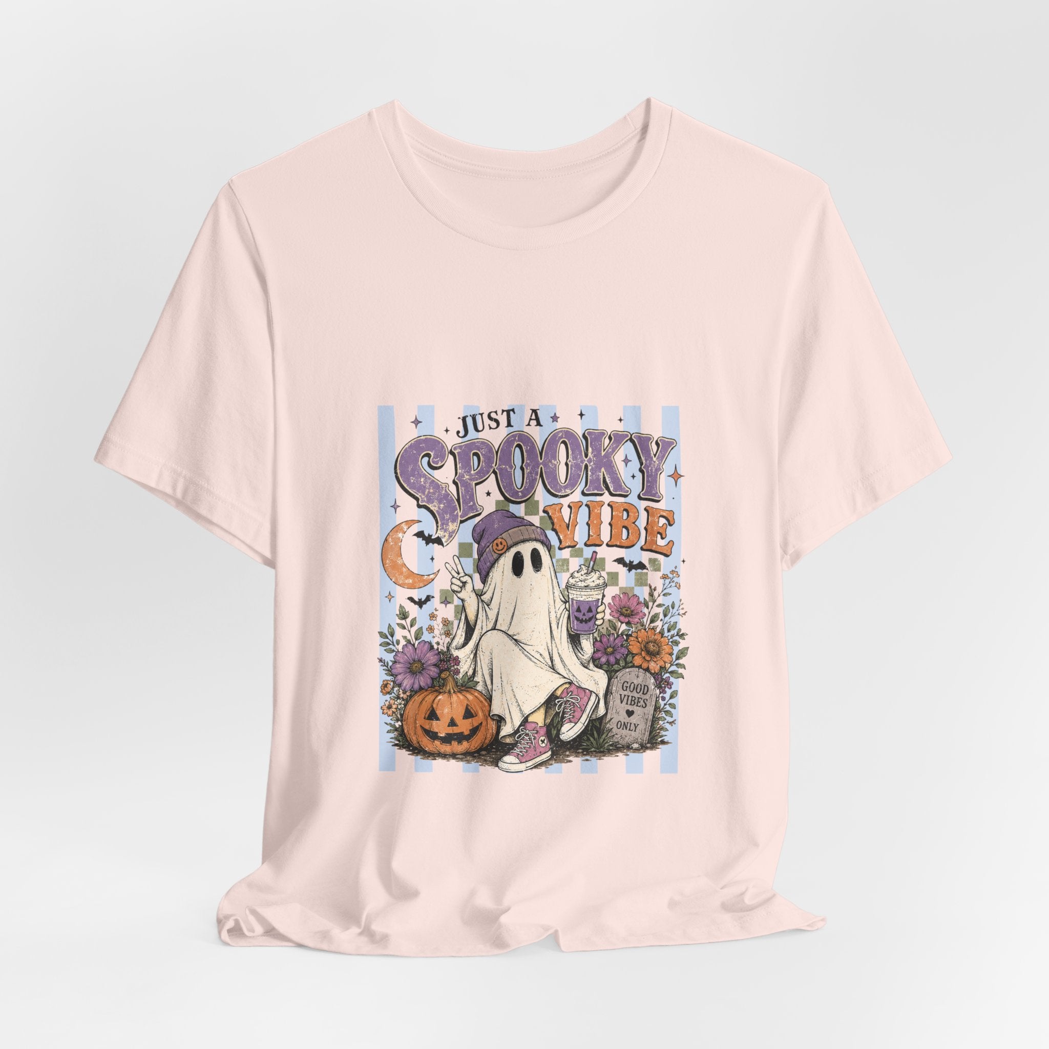 Spooky Vibe Ghost Tee — Cute Halloween Pumpkin & Graveyard Graphic Shirt