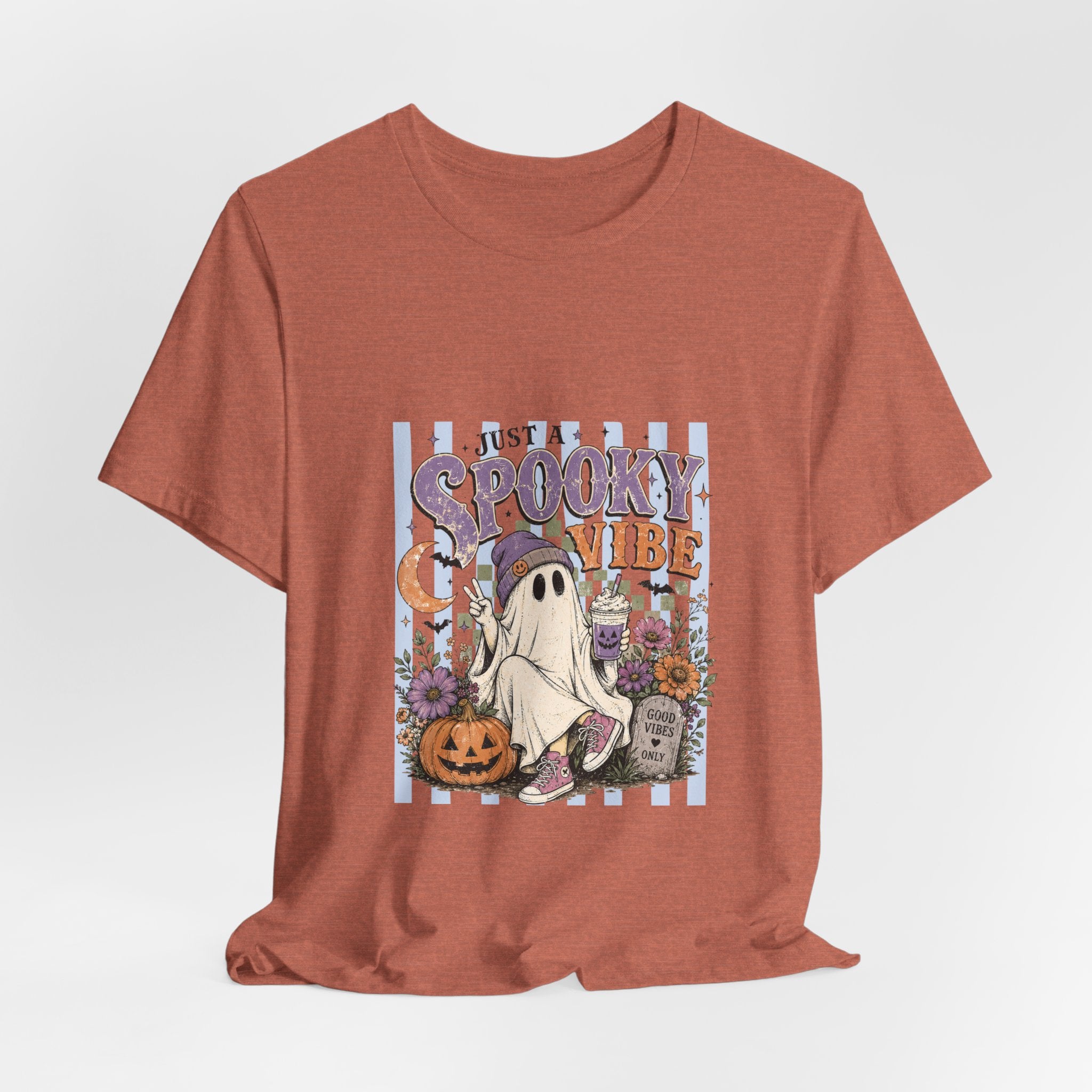 Spooky Vibe Ghost Tee — Cute Halloween Pumpkin & Graveyard Graphic Shirt