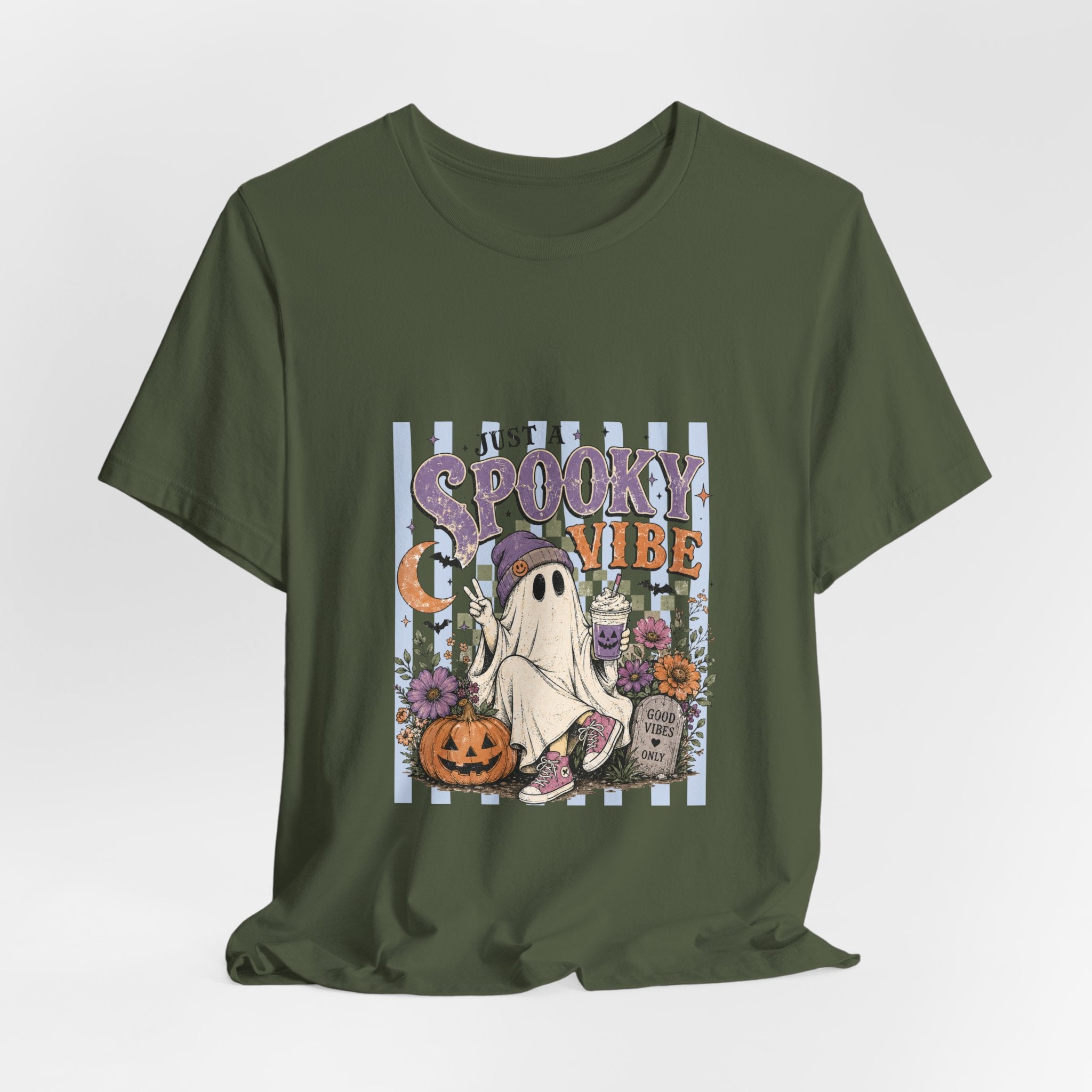 Spooky Vibe Ghost Tee — Cute Halloween Pumpkin & Graveyard Graphic Shirt