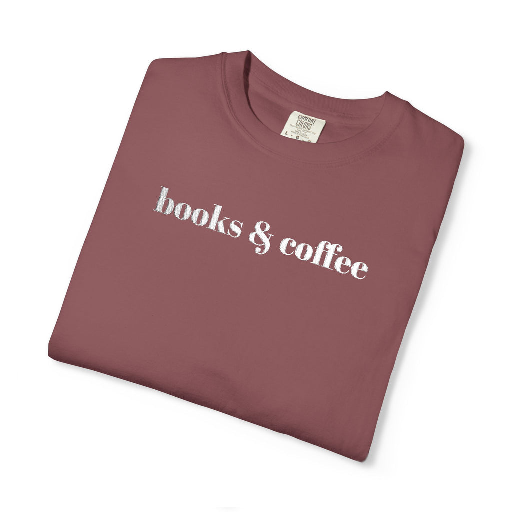 Books & Coffee Embroidered Comfort Colors 1717 Tee | Cozy Reader Gift Shirt