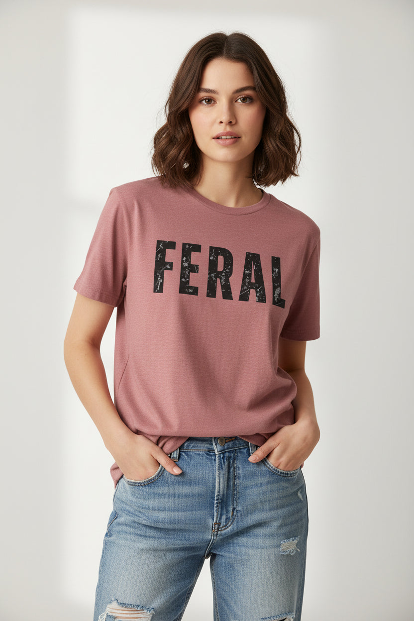 Feral Graphic Tee — Distressed Bold Lettering T-Shirt