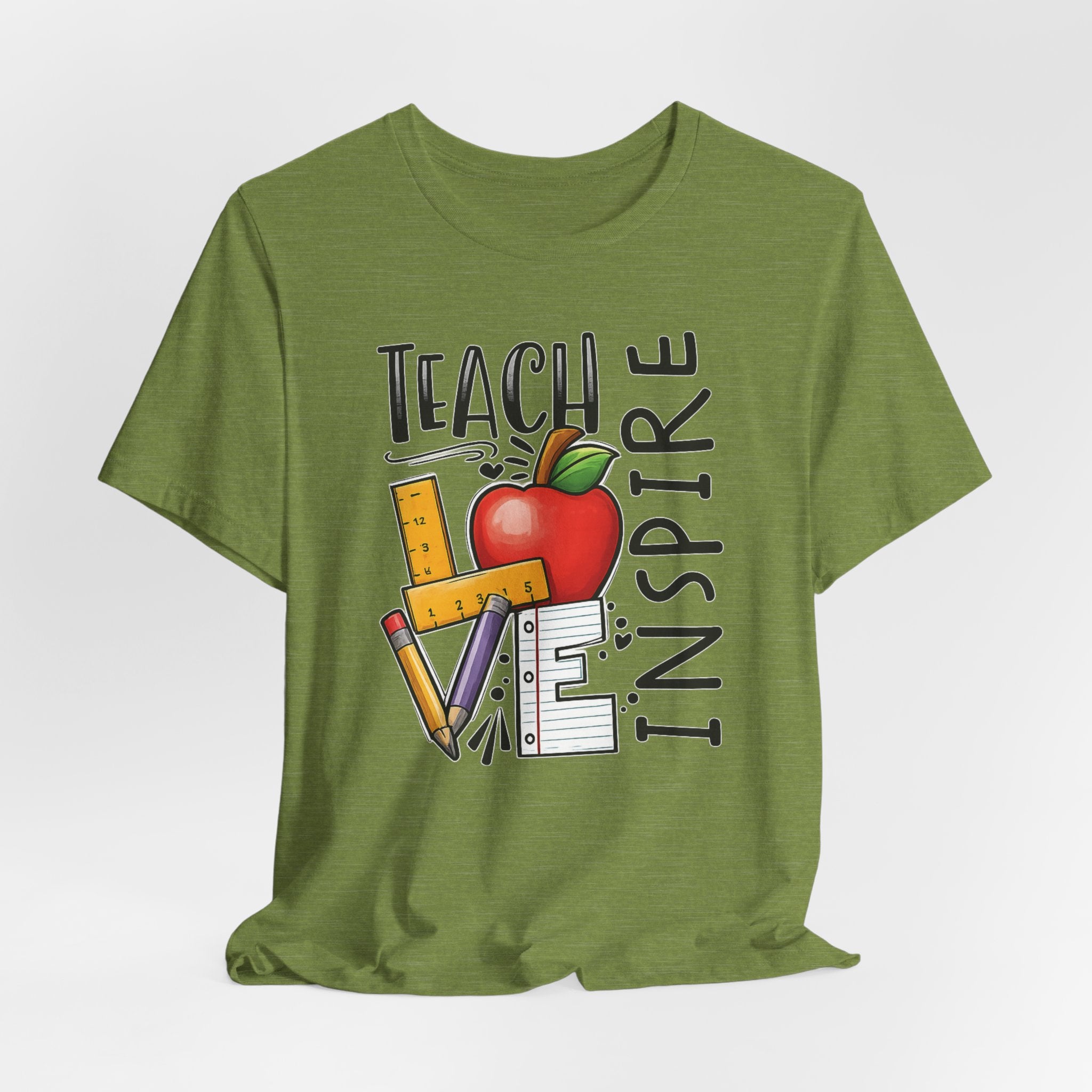 Teach Inspire Love Teacher Shirt  Apple Pencil Graphic Tee  Bella Canvas 3001  Back to School Gift  Teacher Appreciation Shirt