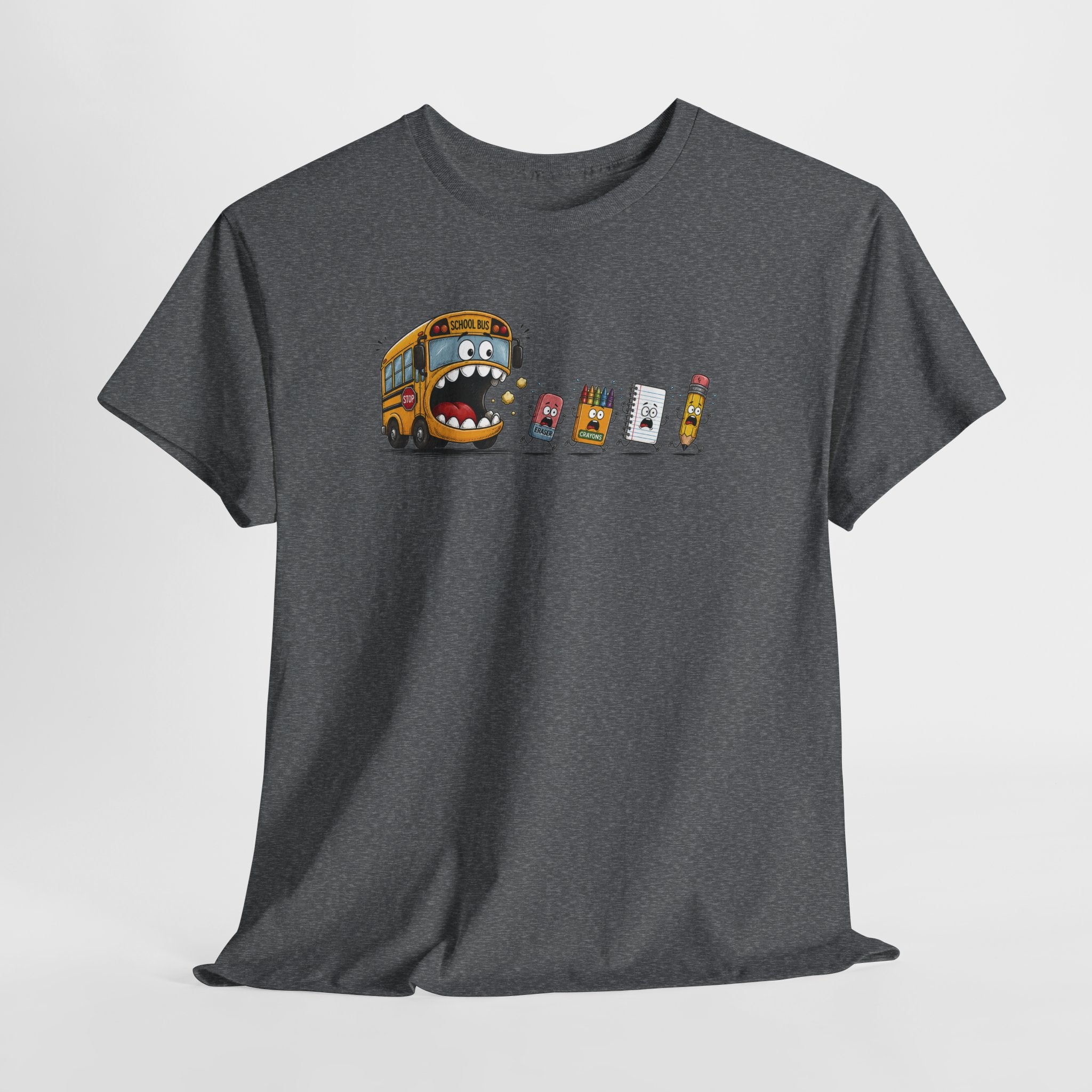 T-Shirt — Funny Snack Attack Graphic Tee (School Bus Eating Kids' Snacks)