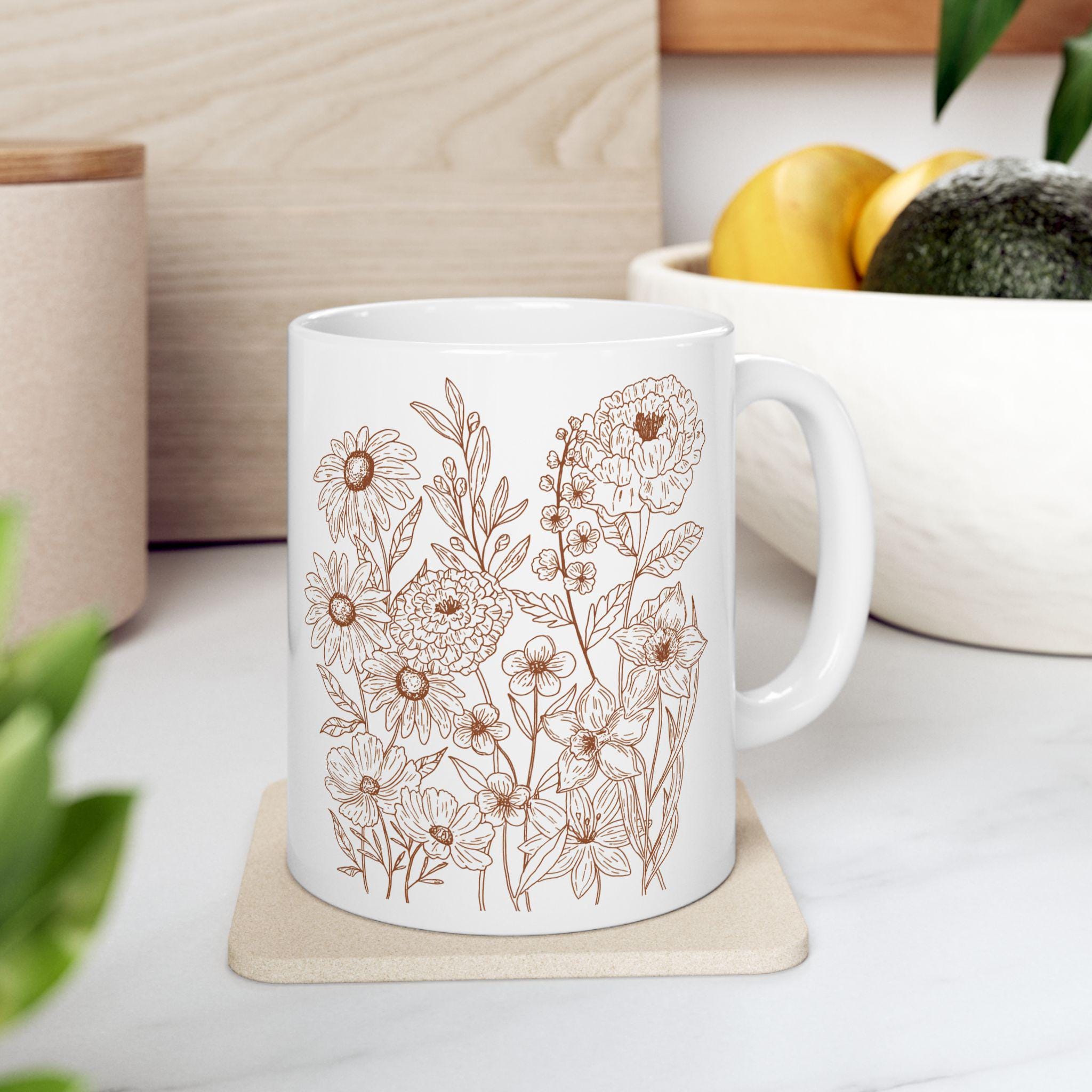 Floral Design Ceramic Mug, Botanical Coffee Cup, Gift for Her, Tea Lovers Mug, Flower Motif Drinkware