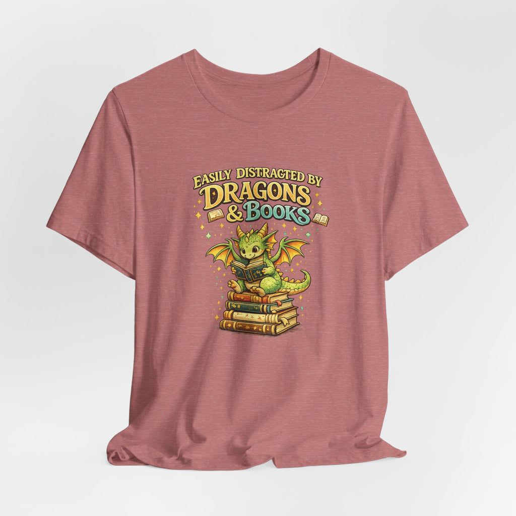 Easily Distracted by Dragons & Books Shirt, Cute Baby Dragon Reading Tee, Fantasy Book Lover Gift, Bookworm Graphic T-Shirt