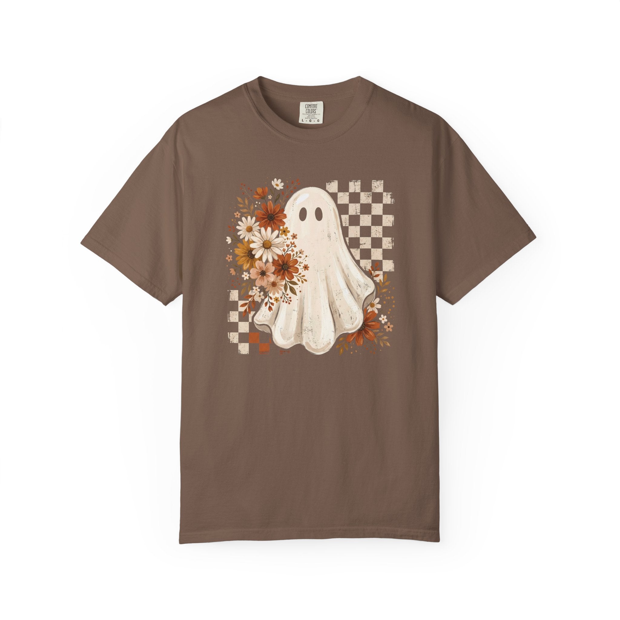 Halloween Floral Ghost T-Shirt — Cute Vintage Checkerboard Fall Tee