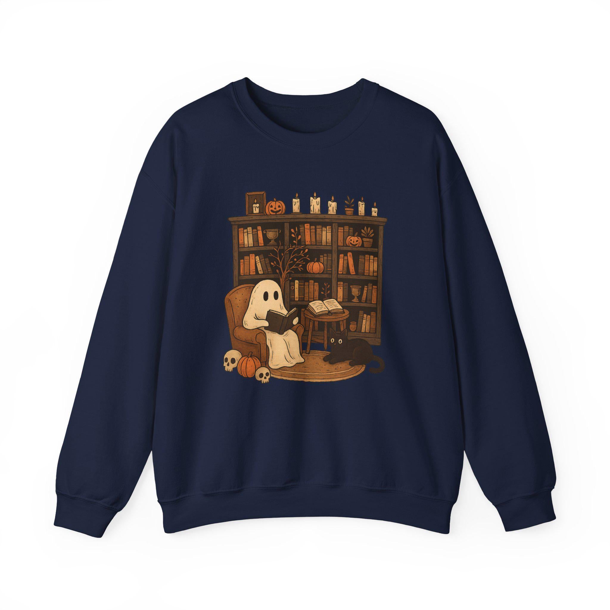 Cozy Halloween Sweatshirt with Ghost and Book Design, Fall Fashion, Spooky Season Essential, Gift for Book Lovers