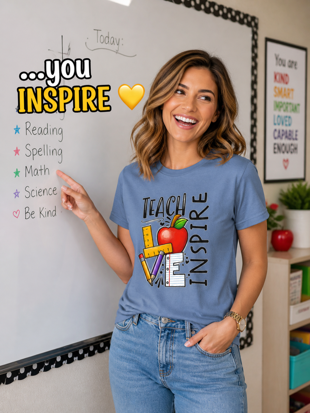 Teach Inspire Love Teacher Shirt  Apple Pencil Graphic Tee  Bella Canvas 3001  Back to School Gift  Teacher Appreciation Shirt
