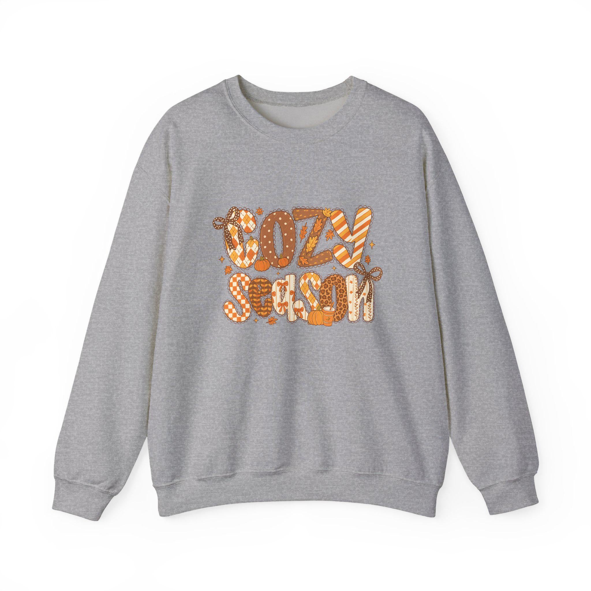 Cozy Season Fall Sweatshirt • Autumn Pumpkin & Leaves Graphic Pullover • Vintage Cozy Sweater for Fall Outfits