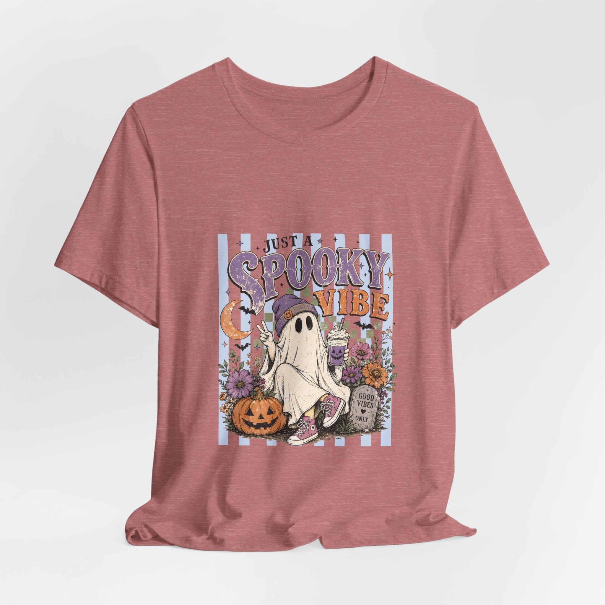 Spooky Vibe Ghost Tee — Cute Halloween Pumpkin & Graveyard Graphic Shirt