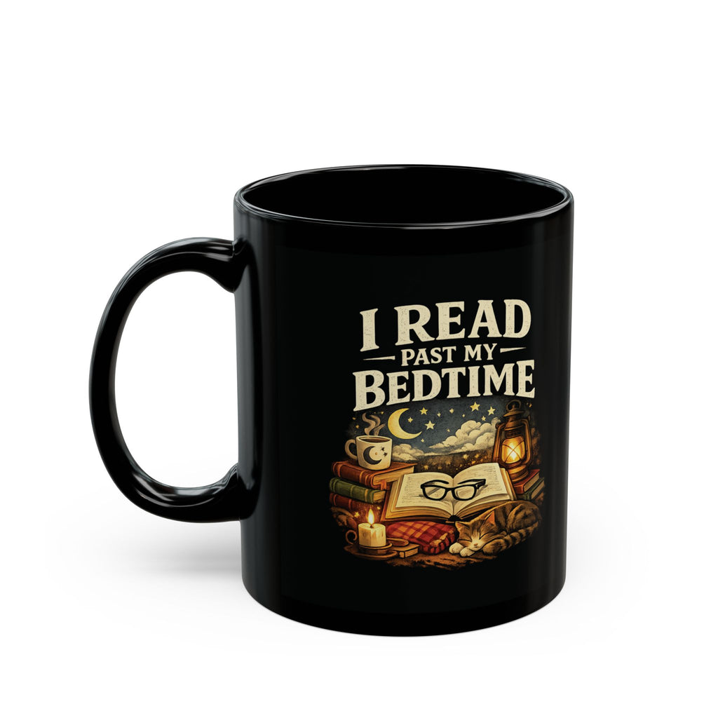 I Read Past My Bedtime Mug, Cozy Book Lover Coffee Cup, Funny Reader Gift, Bookworm Cat Night Reading Mug, 11oz 15oz Ceramic Mug