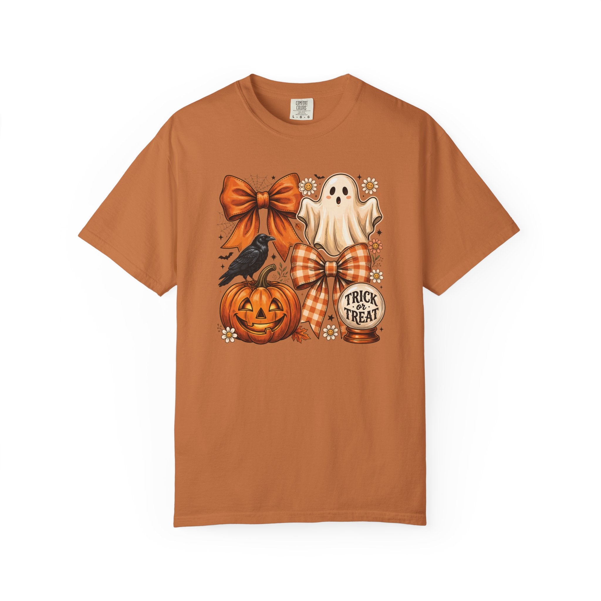 Halloween Cute Ghost & Pumpkin T-Shirt — Trick or Treat Bow Design