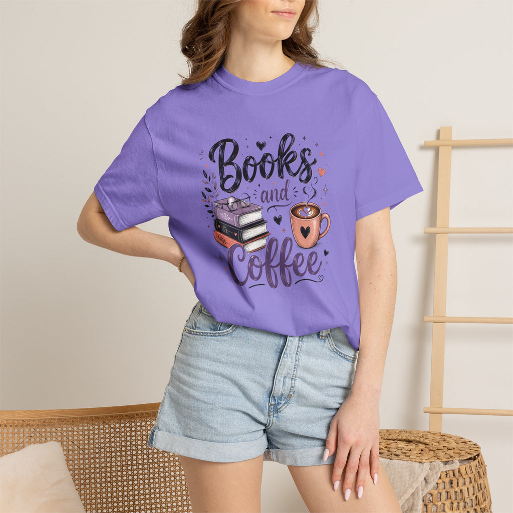 Books and Coffee Shirt | Cozy Book Lover Graphic Tee | Vintage Garment-Dyed Reader Shirt