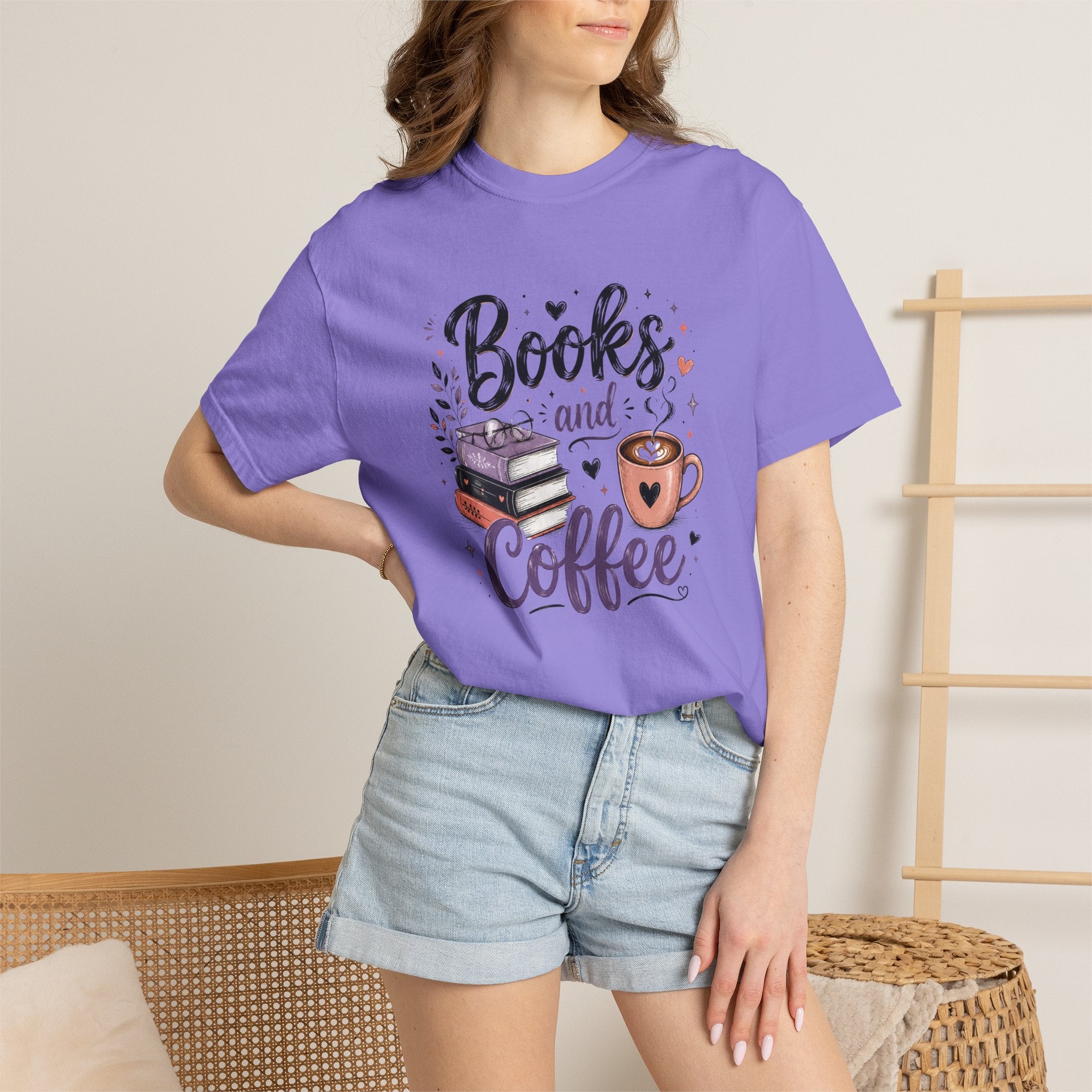 Books and Coffee Shirt | Cozy Book Lover Graphic Tee | Vintage Garment-Dyed Reader Shirt