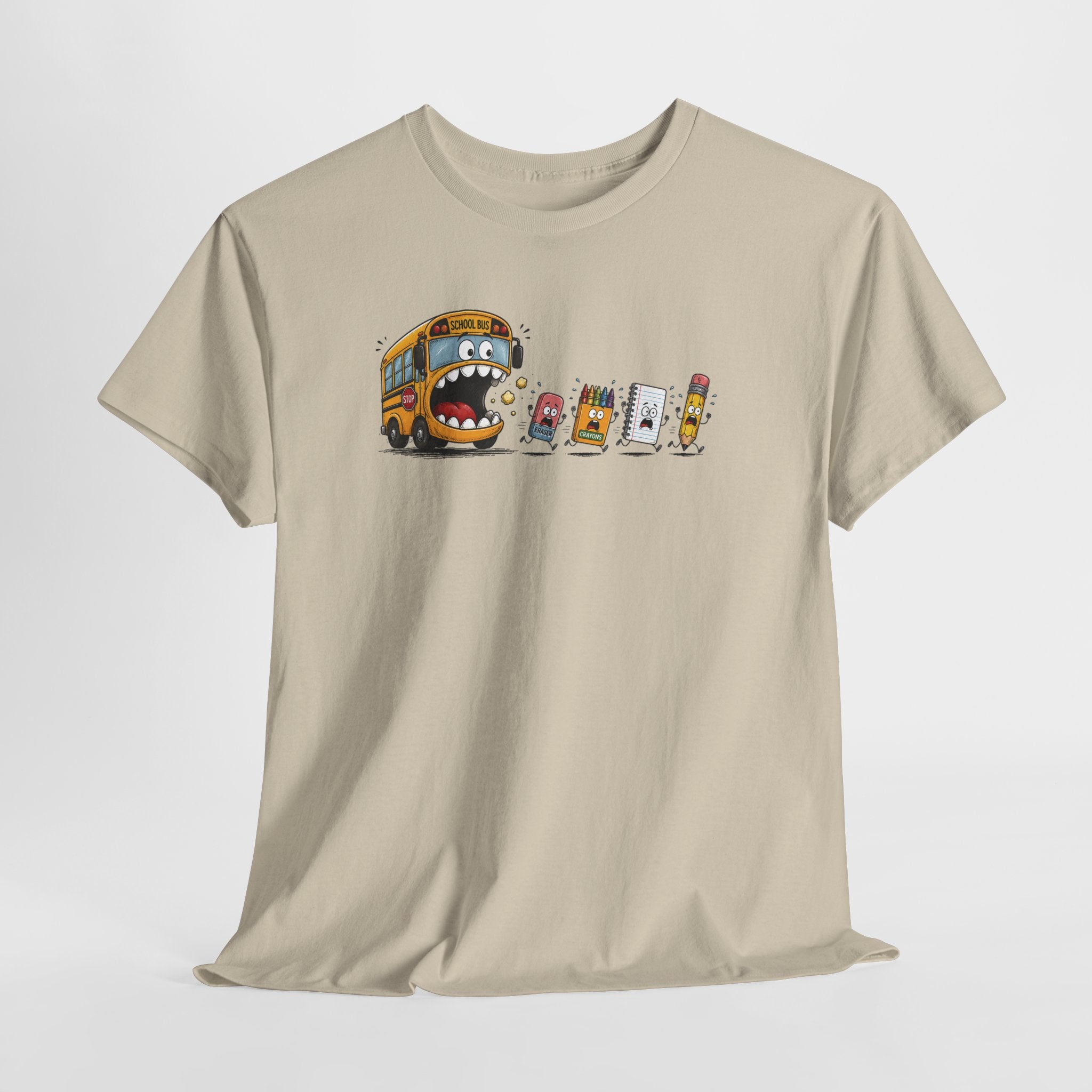 T-Shirt — Funny Snack Attack Graphic Tee (School Bus Eating Kids' Snacks)