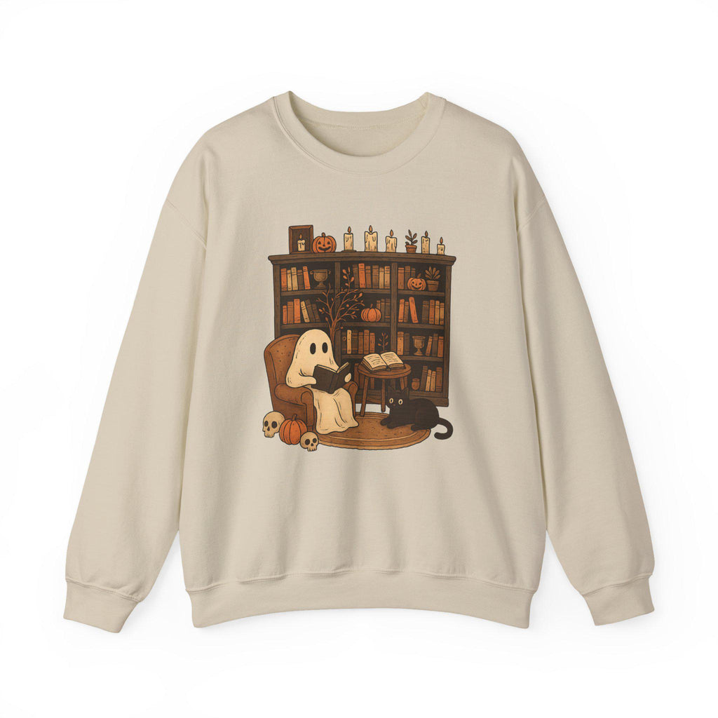 Cozy Halloween Sweatshirt with Ghost and Book Design, Fall Fashion, Spooky Season Essential, Gift for Book Lovers