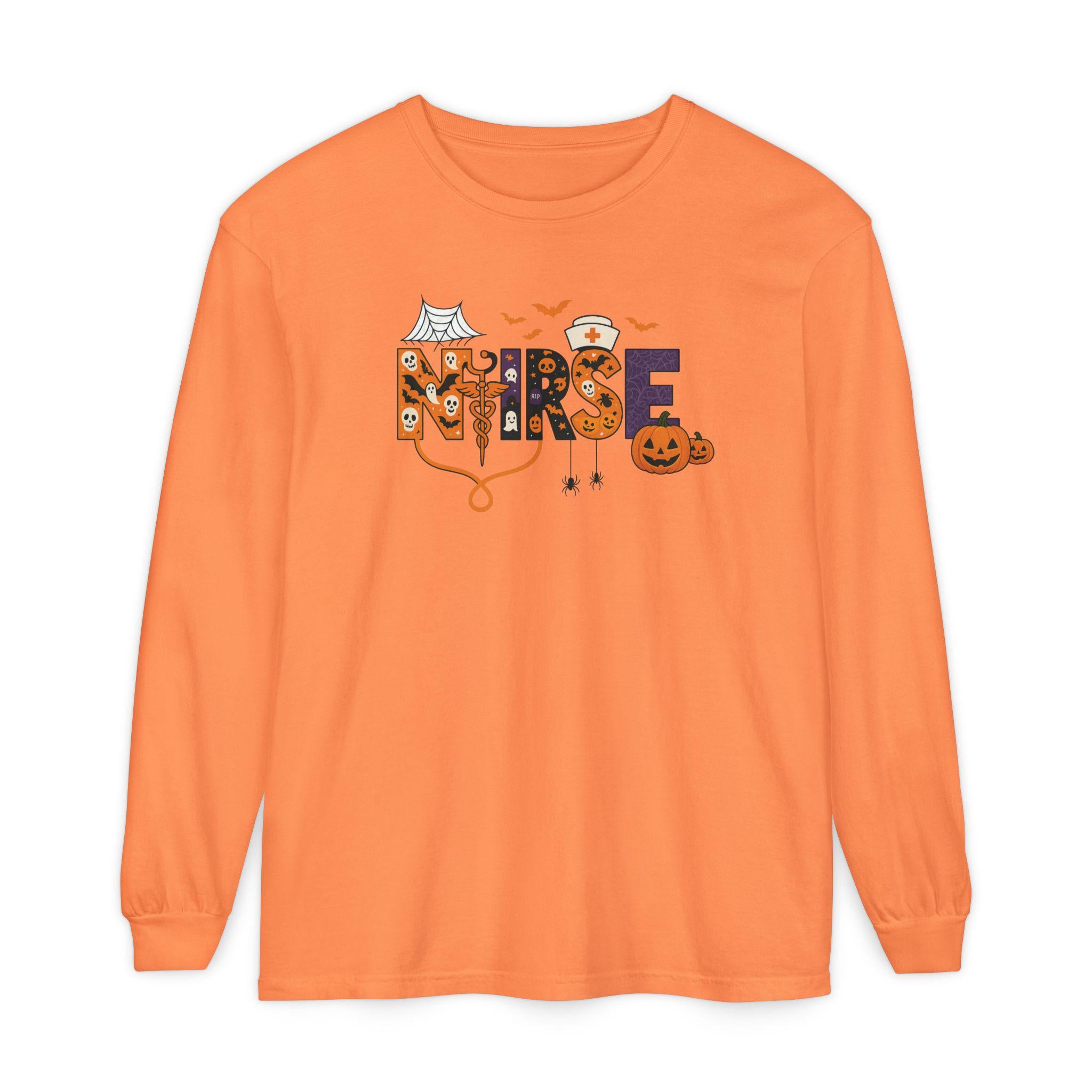 Halloween Nurse Long Sleeve T-Shirt, Spooky Nurse Shirt, Fall Apparel, Costume Tee, Gift for Healthcare Workers, Holiday Wear