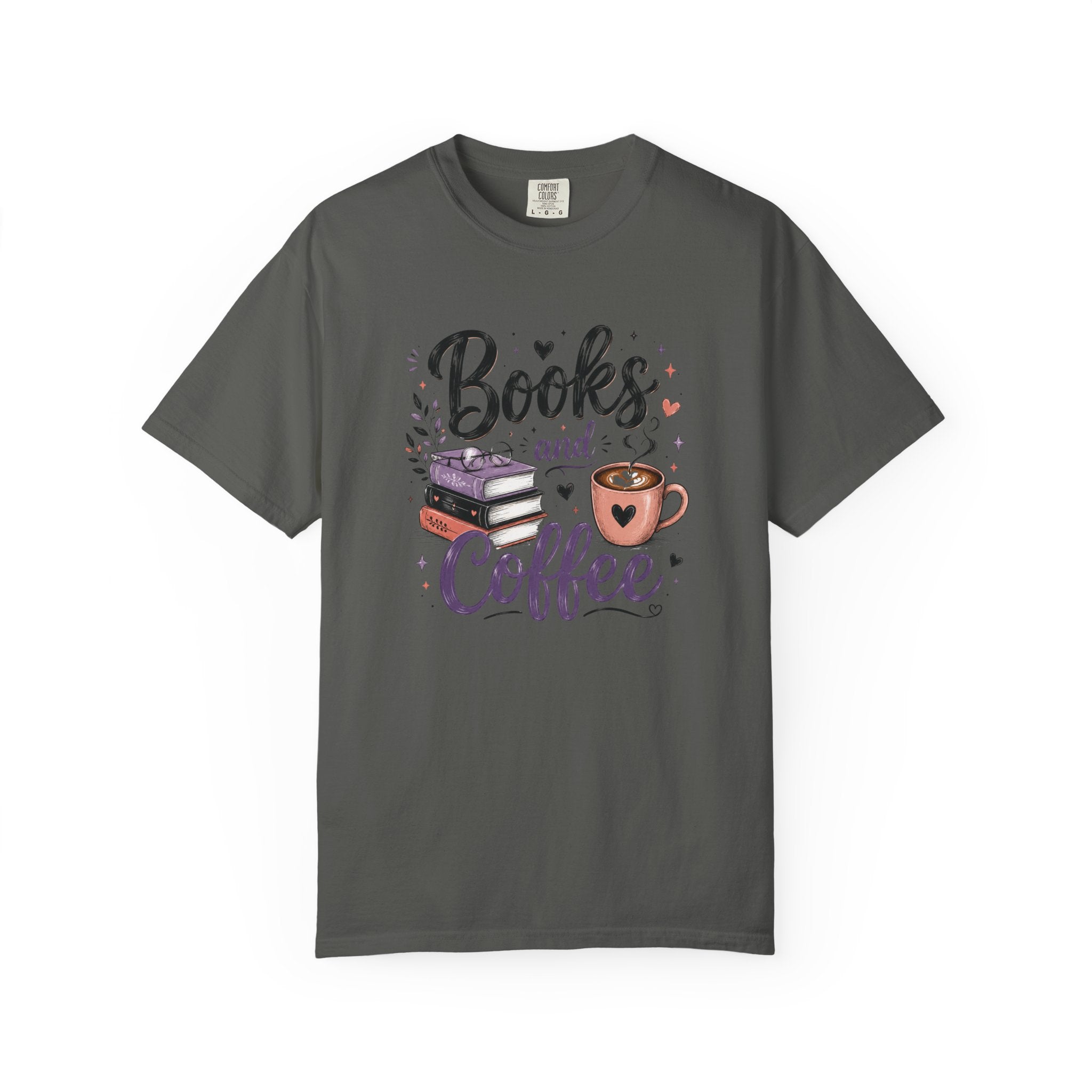 Books and Coffee Shirt | Cozy Book Lover Graphic Tee | Vintage Garment-Dyed Reader Shirt