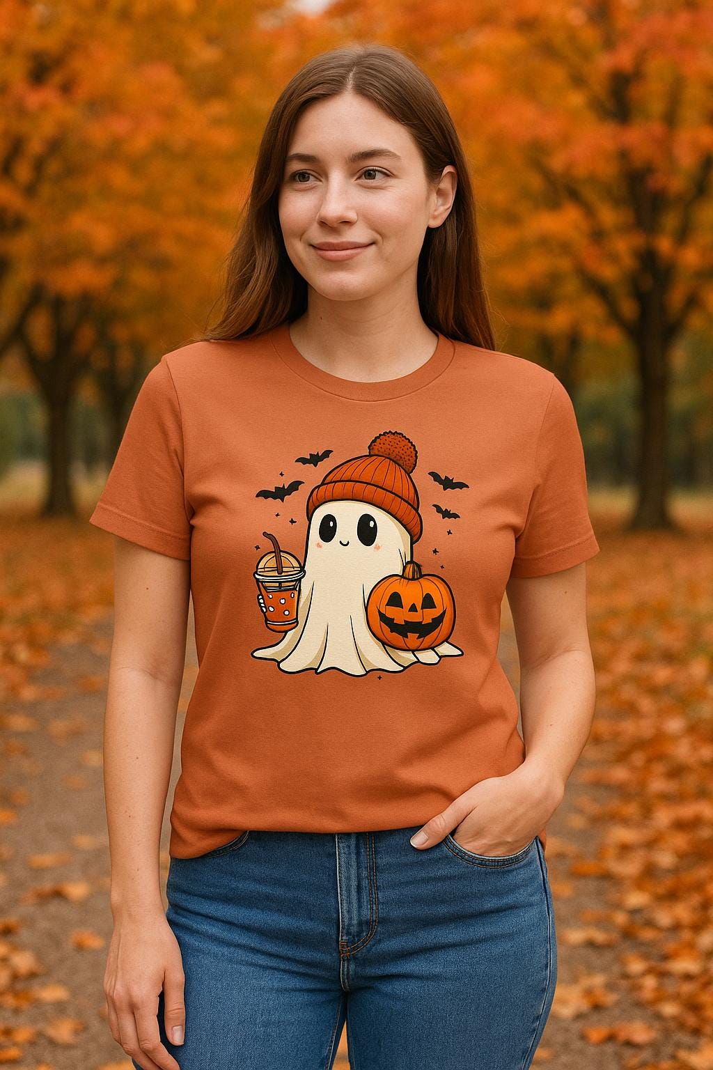 Ghost Pumpkin Halloween Shirt | Autumn Coffee Graphic Cotton Tee