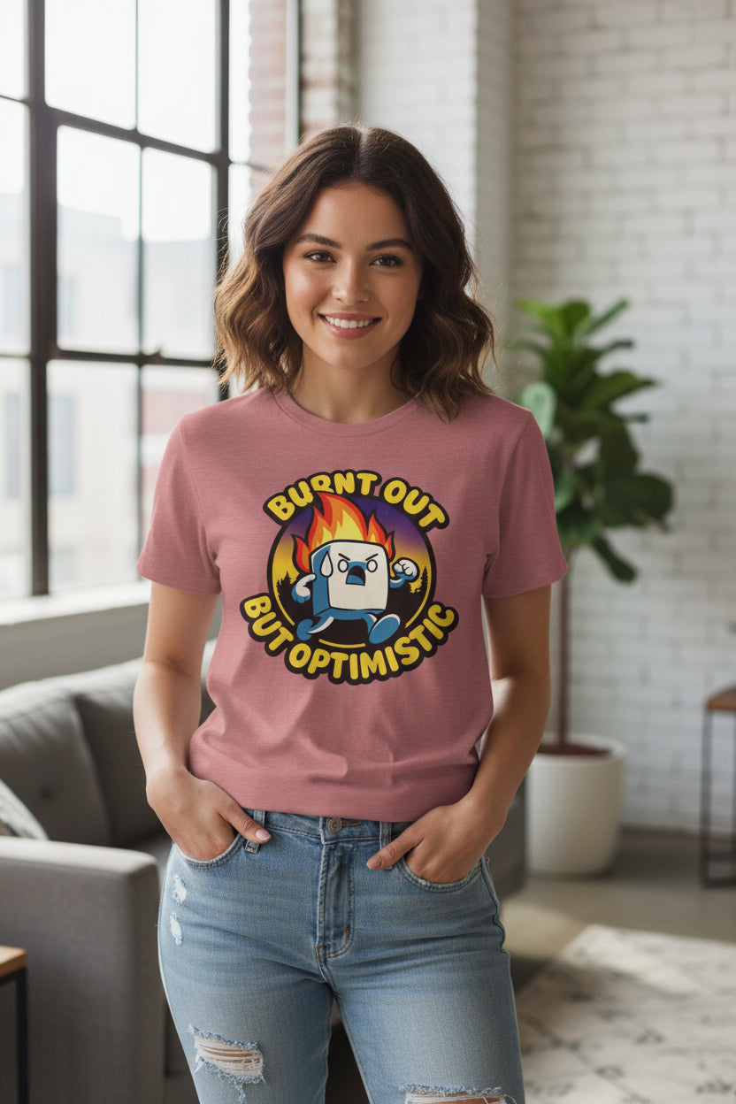 Burnt Out But Optimistic T-Shirt — Cute Funny Burnout Graphic Tee for Overworked Adults