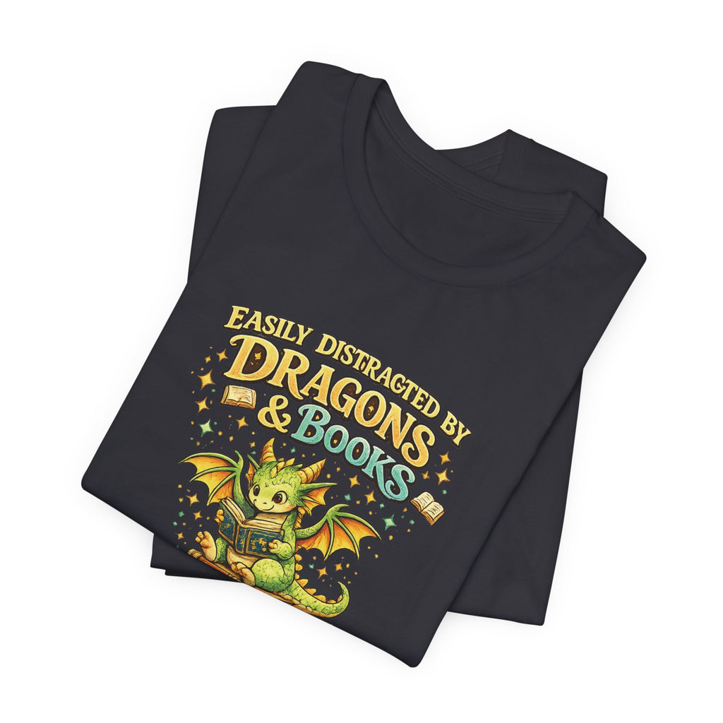 Easily Distracted by Dragons & Books Shirt, Cute Baby Dragon Reading Tee, Fantasy Book Lover Gift, Bookworm Graphic T-Shirt