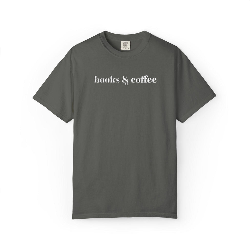 Books & Coffee Embroidered Comfort Colors 1717 Tee | Cozy Reader Gift Shirt
