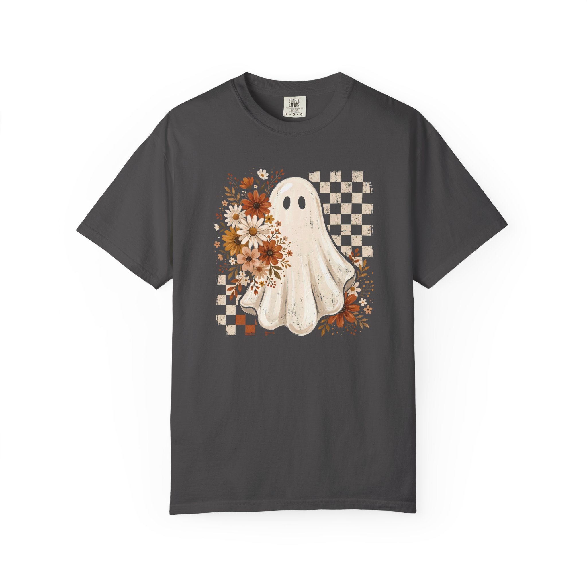 Halloween Floral Ghost T-Shirt — Cute Vintage Checkerboard Fall Tee