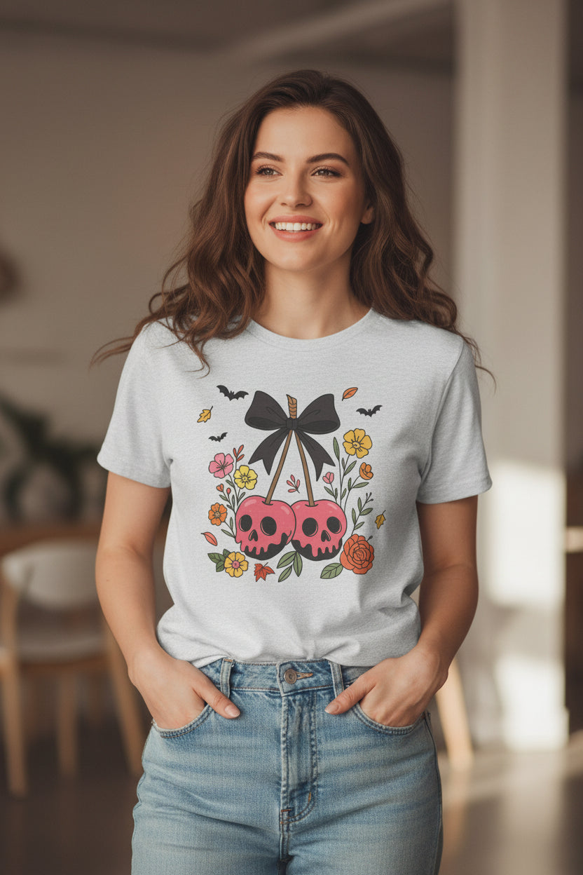 Skull Cherries Floral Tee — Cute Goth Graphic T-Shirt for Halloween & Everyday