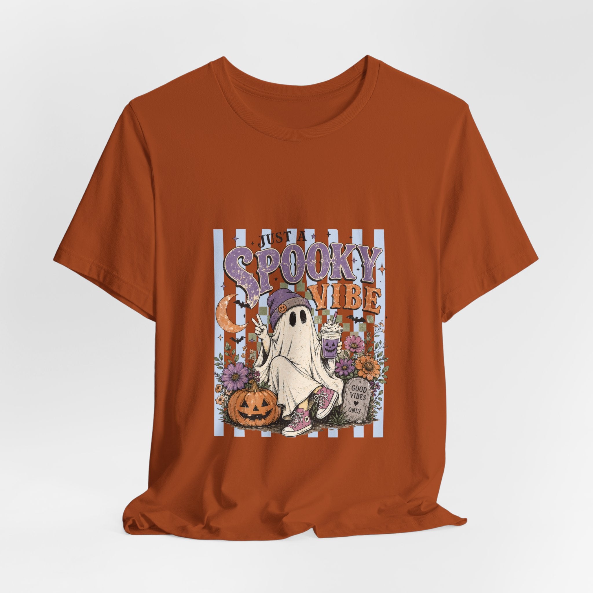 Spooky Vibe Ghost Tee — Cute Halloween Pumpkin & Graveyard Graphic Shirt