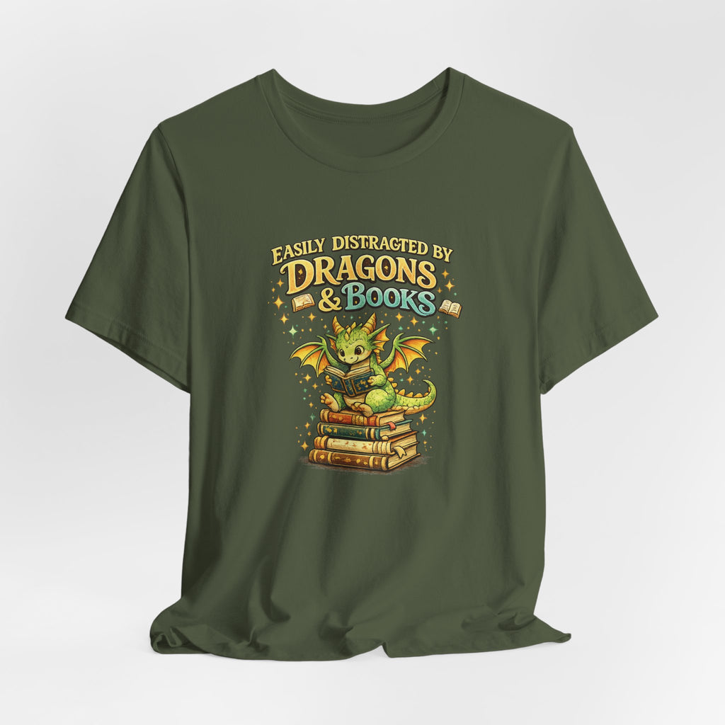 Easily Distracted by Dragons & Books Shirt, Cute Baby Dragon Reading Tee, Fantasy Book Lover Gift, Bookworm Graphic T-Shirt