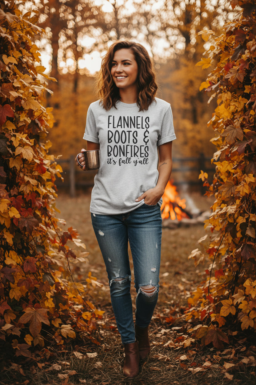 Fall Graphic Tee — "Flannels Boots & Bonfires, it’s fall y’all"