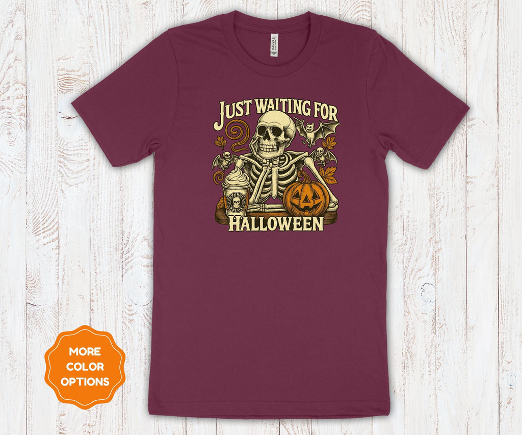 Just Waiting for Halloween | Retro Pumpkin & Skeleton | Bella Canvas Cotton Unisex Tee