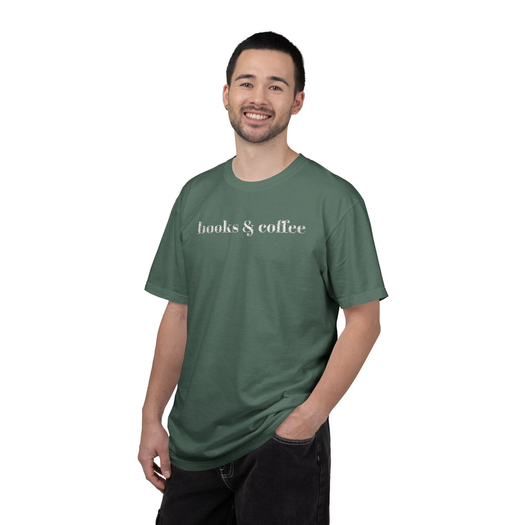 Books & Coffee Embroidered Comfort Colors 1717 Tee | Cozy Reader Gift Shirt