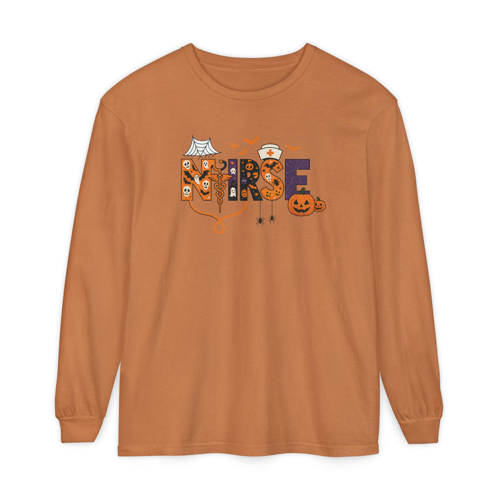Halloween Nurse Long Sleeve T-Shirt, Spooky Nurse Shirt, Fall Apparel, Costume Tee, Gift for Healthcare Workers, Holiday Wear