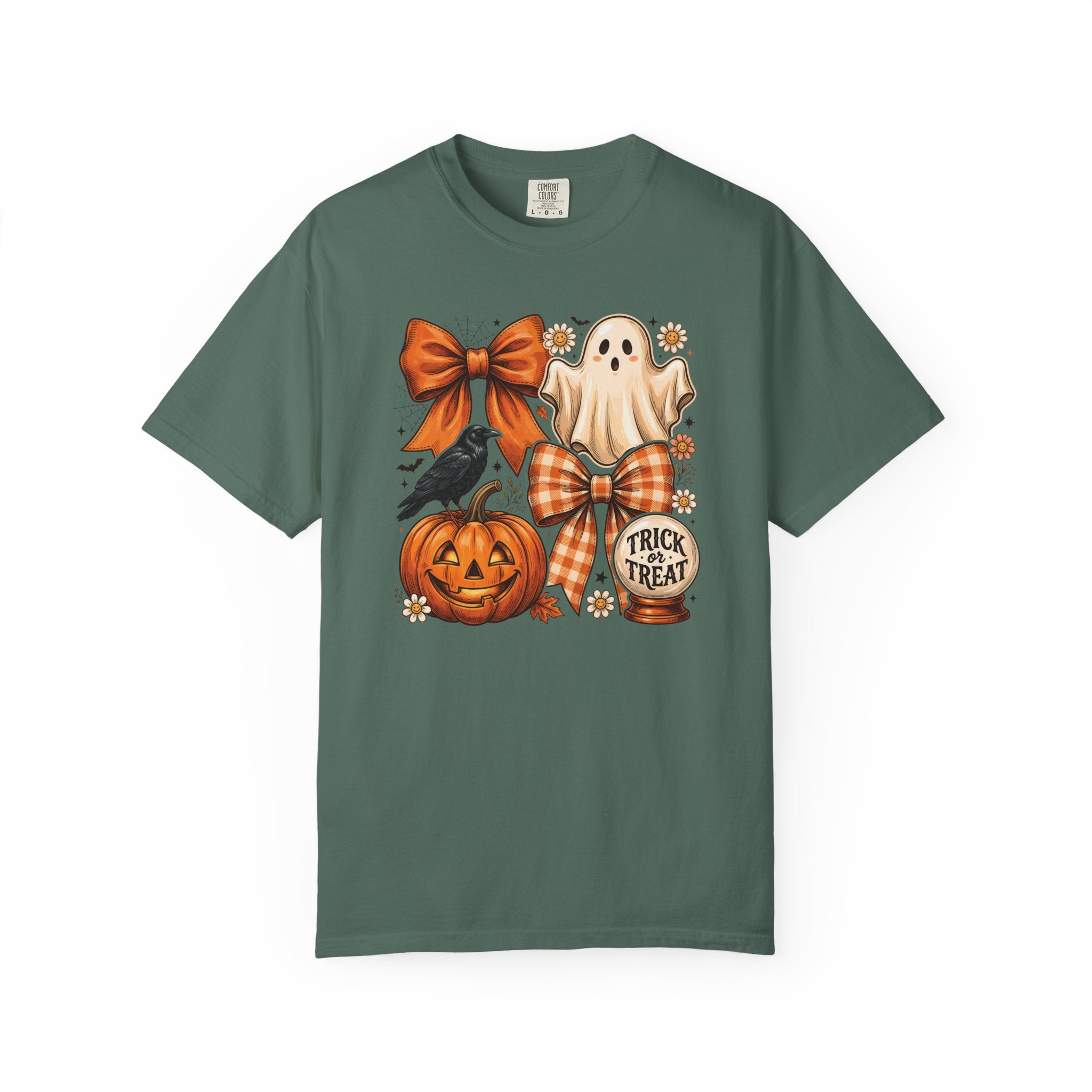 Halloween Cute Ghost & Pumpkin T-Shirt — Trick or Treat Bow Design