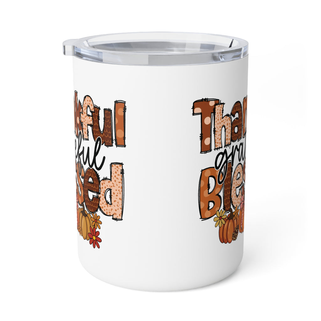 Thankful & Blessed Insulated Coffee Mug, 10oz | Fall Decor, Autumn Gift, Pumpkin Spice Lover, Thanksgiving Mug, Cozy Warm Drink