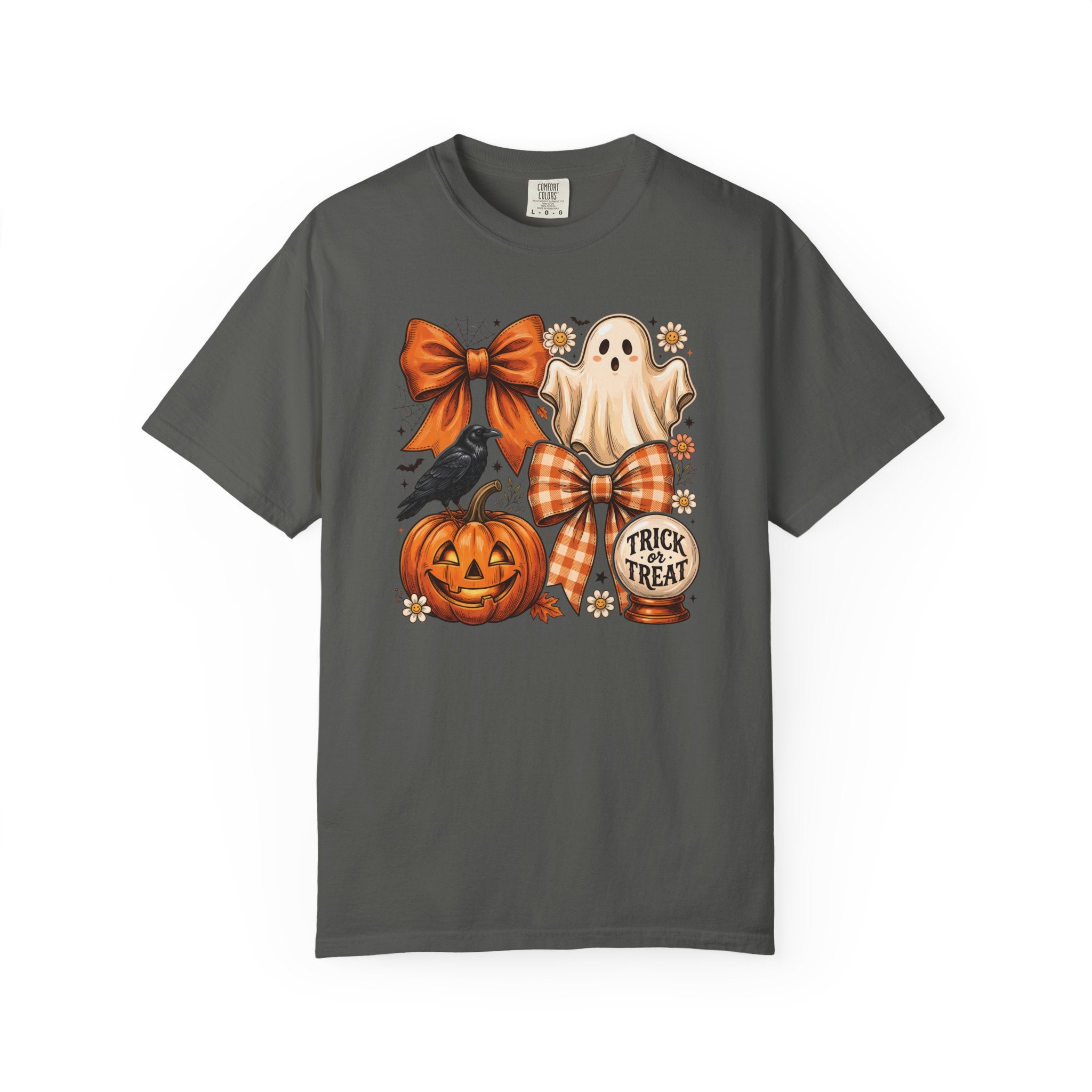 Halloween Cute Ghost & Pumpkin T-Shirt — Trick or Treat Bow Design