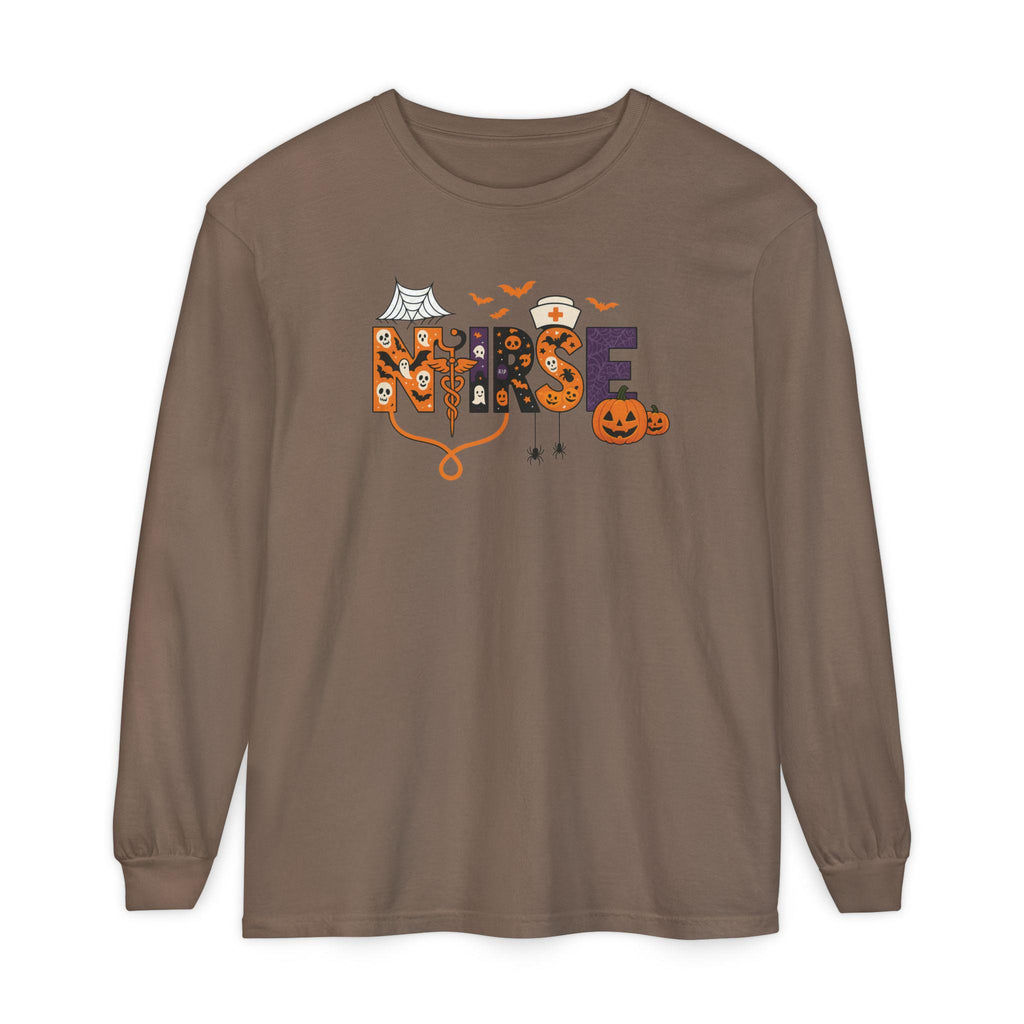 Halloween Nurse Long Sleeve T-Shirt, Spooky Nurse Shirt, Fall Apparel, Costume Tee, Gift for Healthcare Workers, Holiday Wear