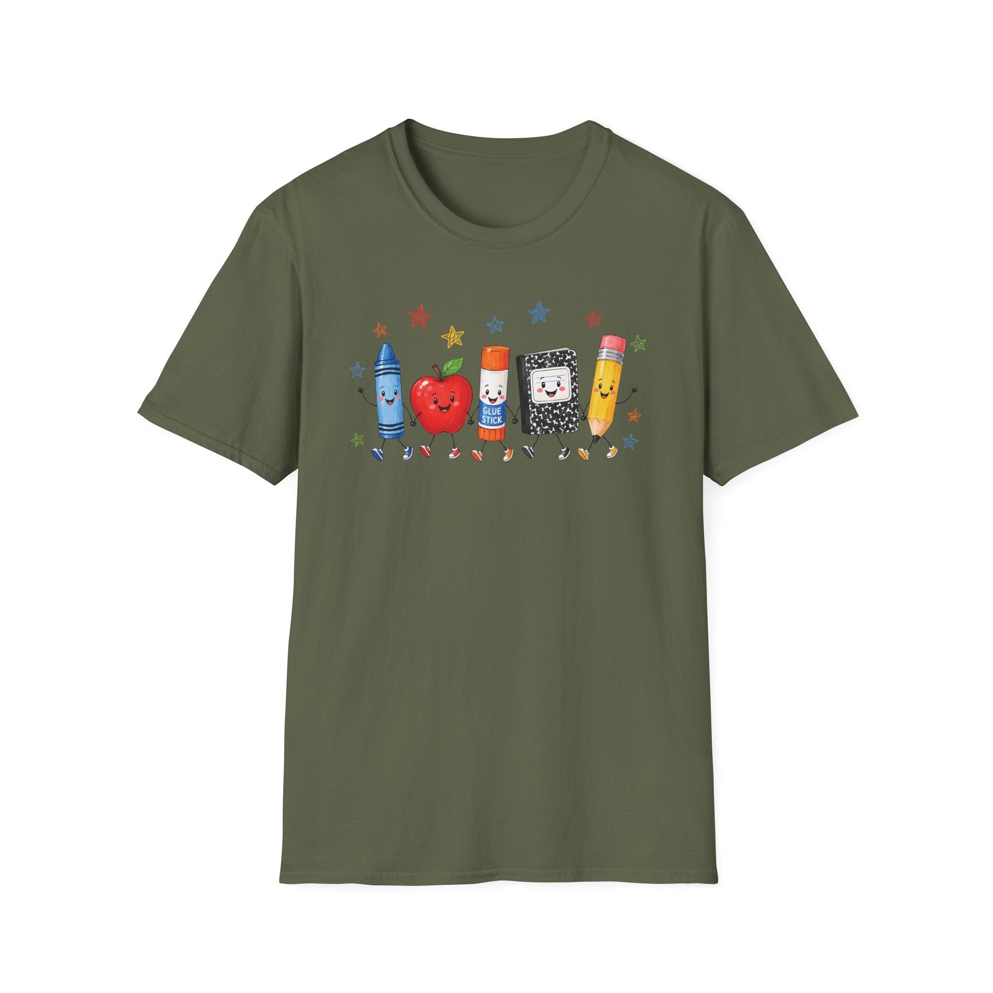 Back-to-School T-Shirt — Cute School Supplies Lineup (Apple, Crayon, Glue, Notebook, Pencil)