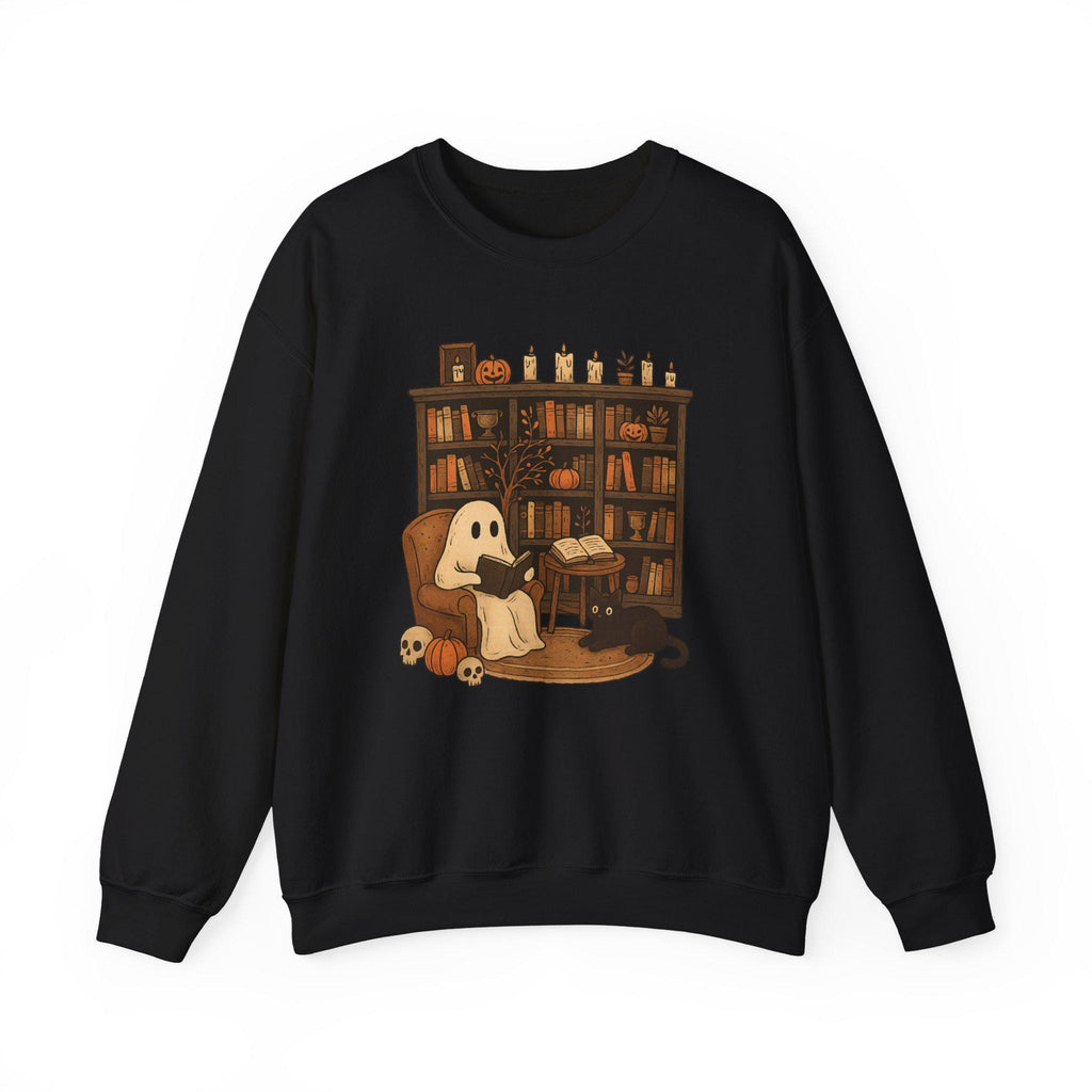Cozy Halloween Sweatshirt with Ghost and Book Design, Fall Fashion, Spooky Season Essential, Gift for Book Lovers