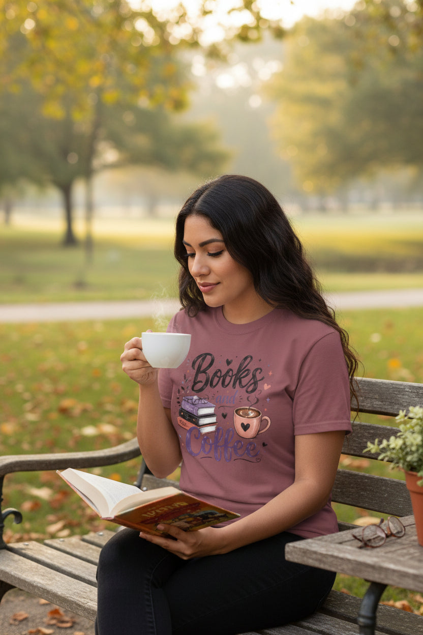 Books and Coffee Shirt | Cozy Book Lover Graphic Tee | Vintage Garment-Dyed Reader Shirt
