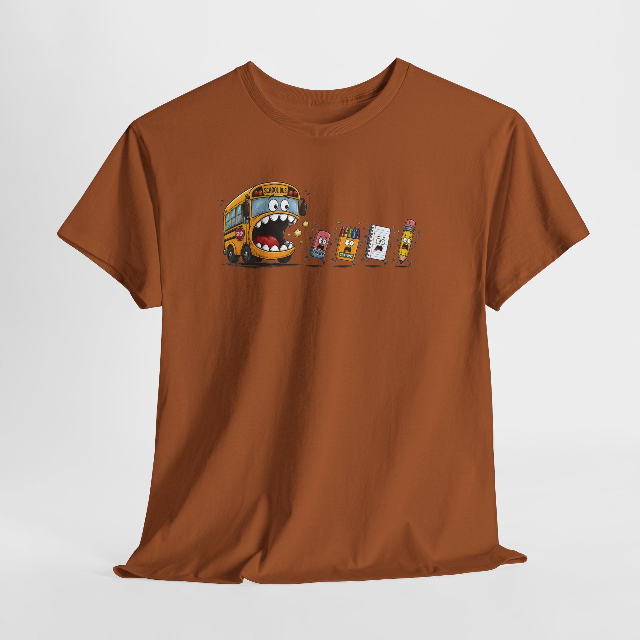 T-Shirt — Funny Snack Attack Graphic Tee (School Bus Eating Kids' Snacks)