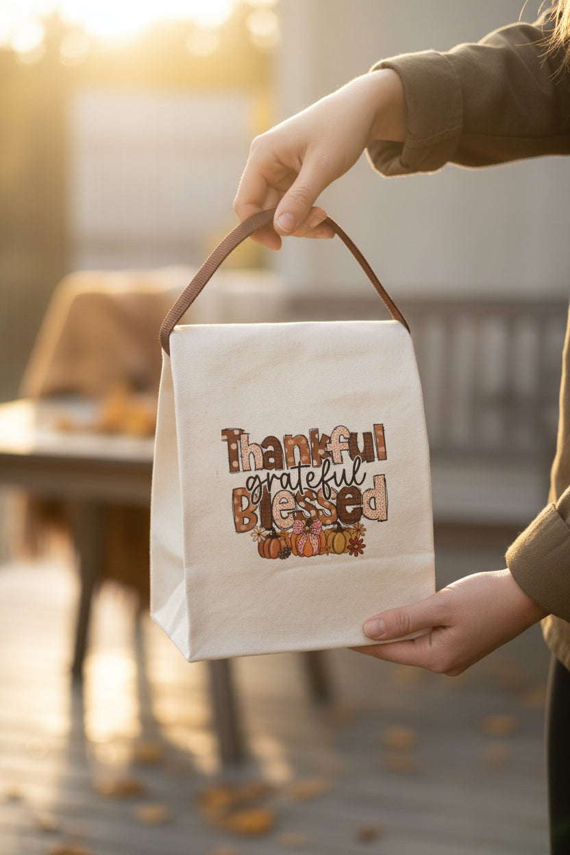 Thankful & Blessed Canvas Lunch Bag | Eco-Friendly Tote, Fall Picnic Accessory, Thanksgiving Gift, Reusable Snack Bag