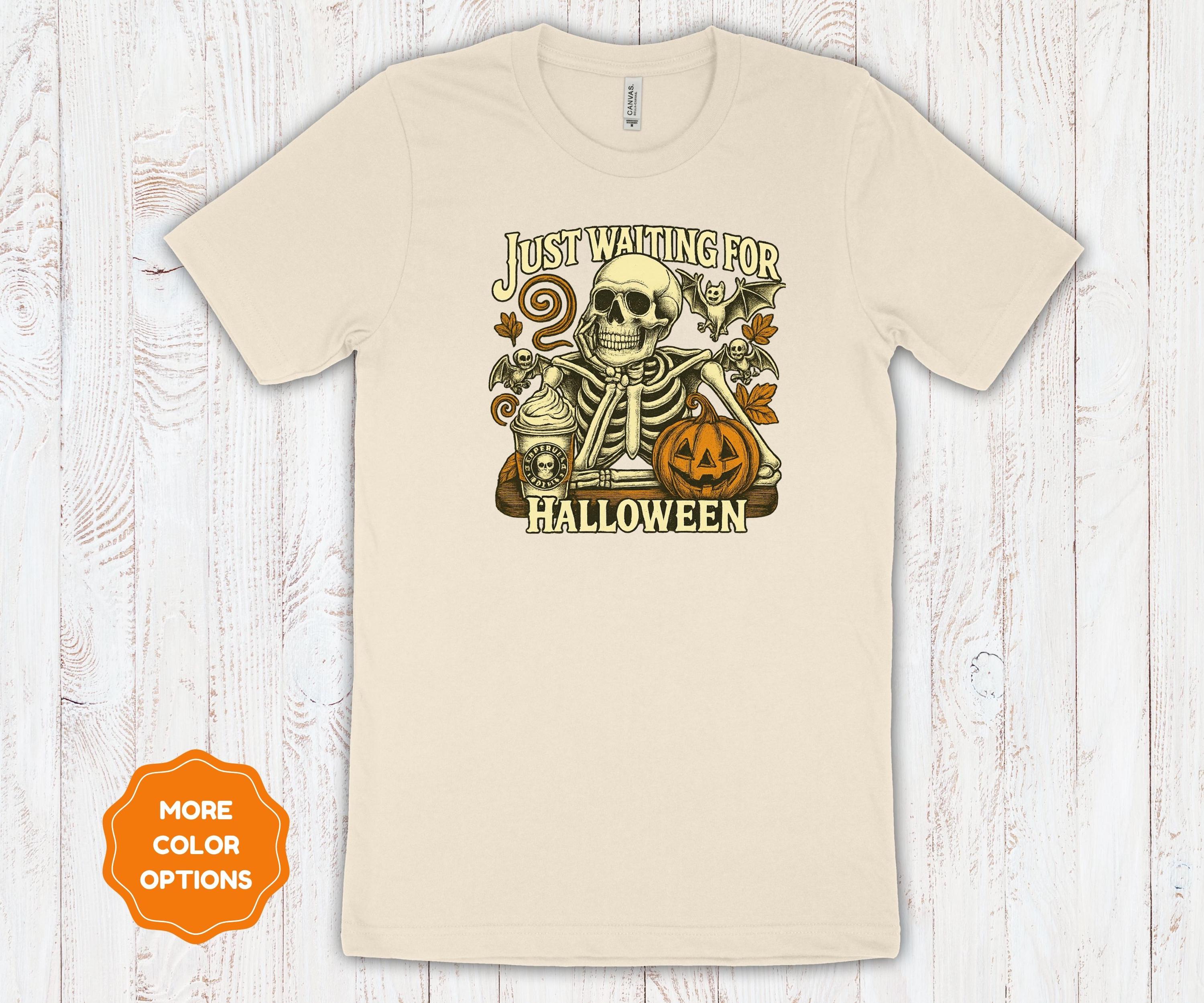 Just Waiting for Halloween | Retro Pumpkin & Skeleton | Bella Canvas Cotton Unisex Tee
