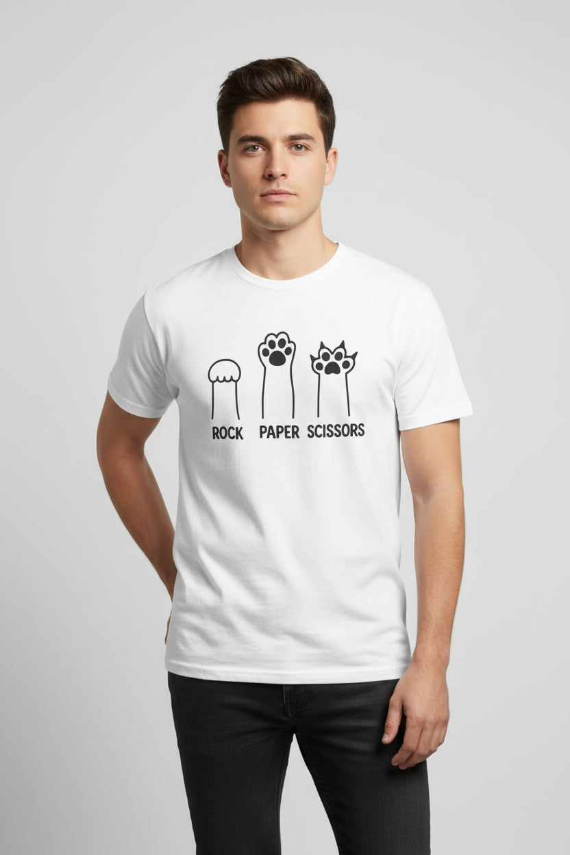 Rock Paper Scissors Cat Paw T‑Shirt — Cute Pet Humor Tee