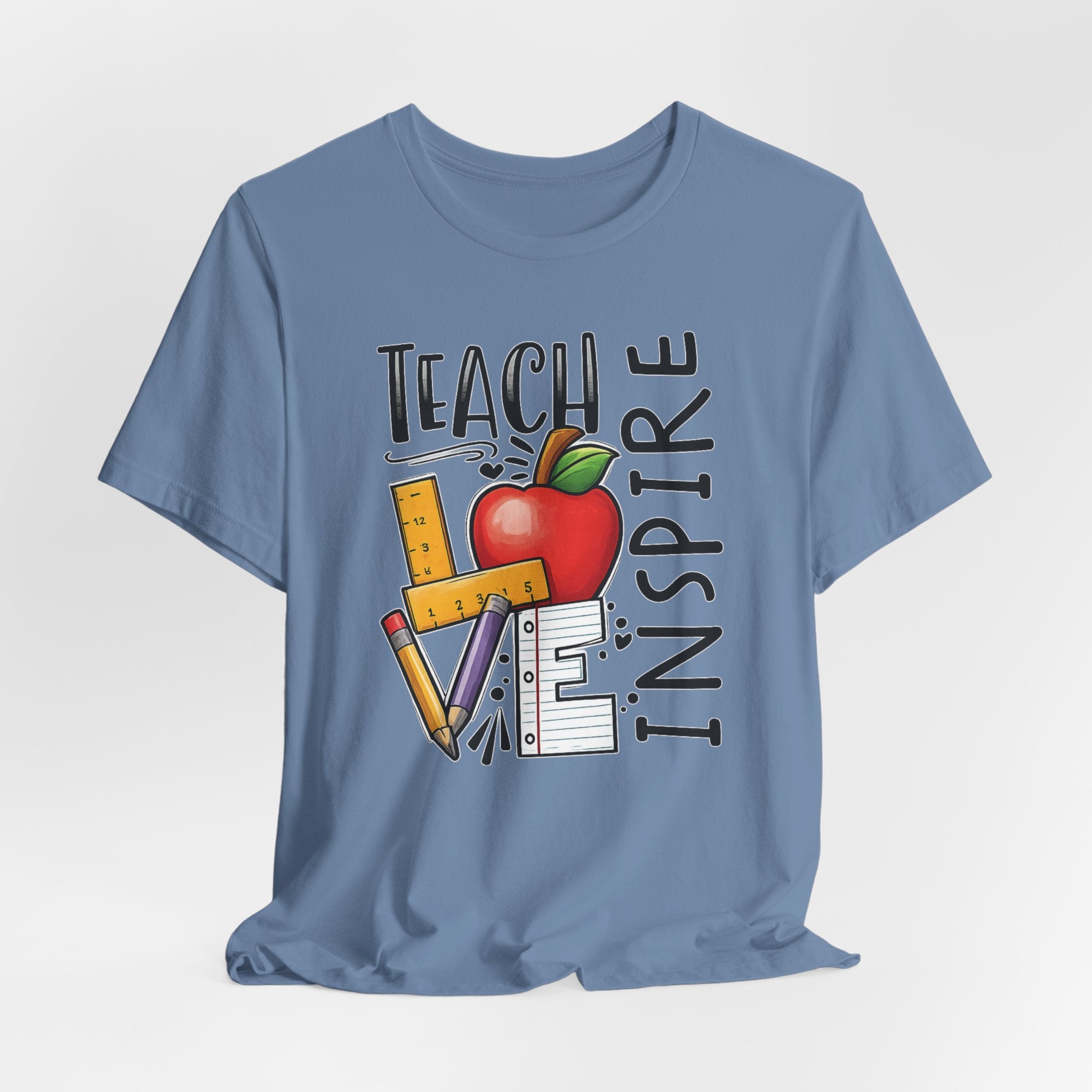 Teach Inspire Love Teacher Shirt  Apple Pencil Graphic Tee  Bella Canvas 3001  Back to School Gift  Teacher Appreciation Shirt
