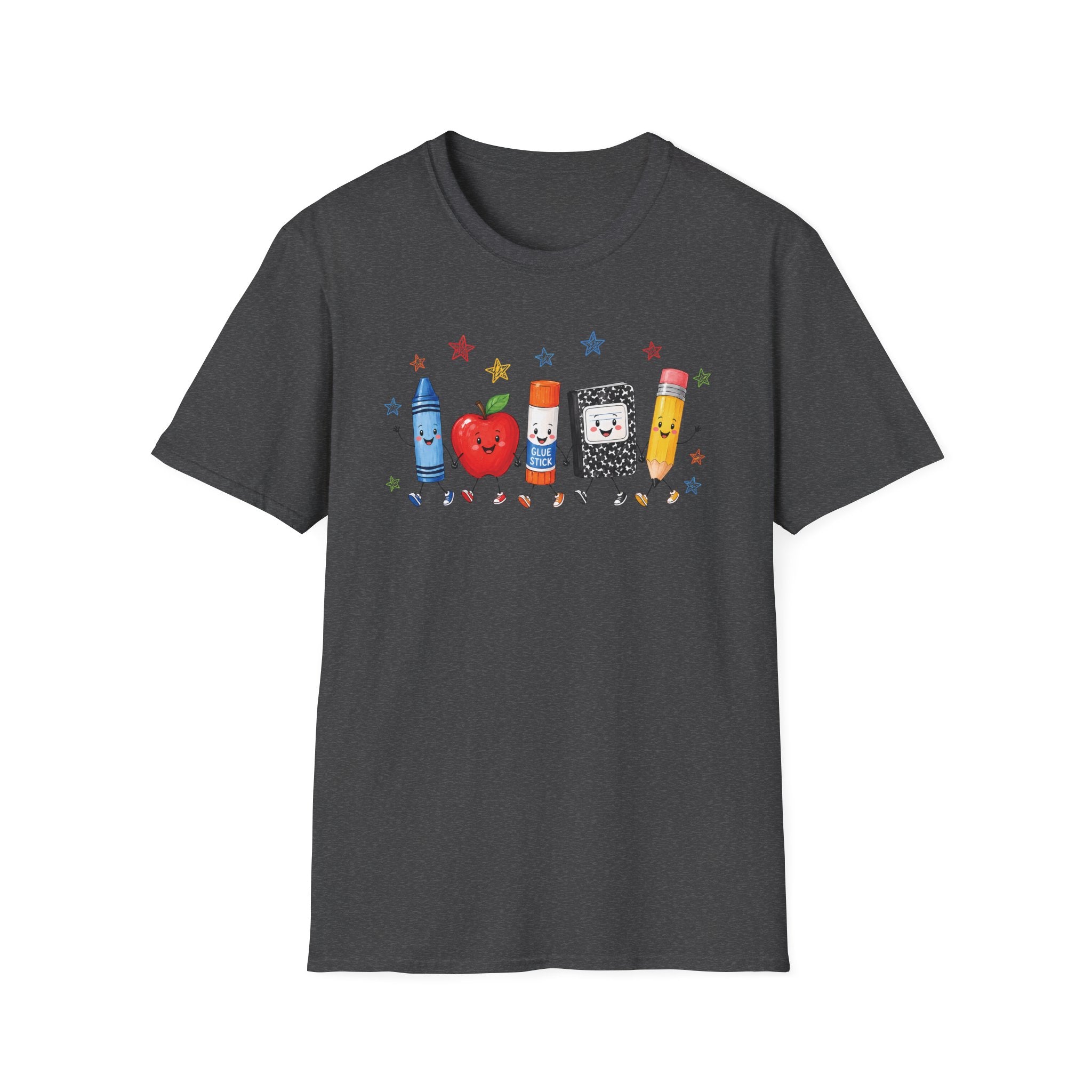 Back-to-School T-Shirt — Cute School Supplies Lineup (Apple, Crayon, Glue, Notebook, Pencil)