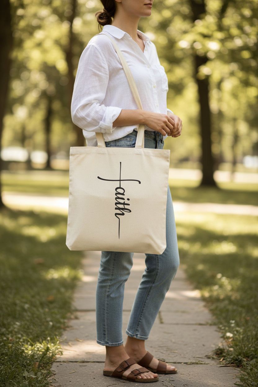 Faith Cross Canvas Tote Bag | Christian Scripture Inspired Reusable Market Bag