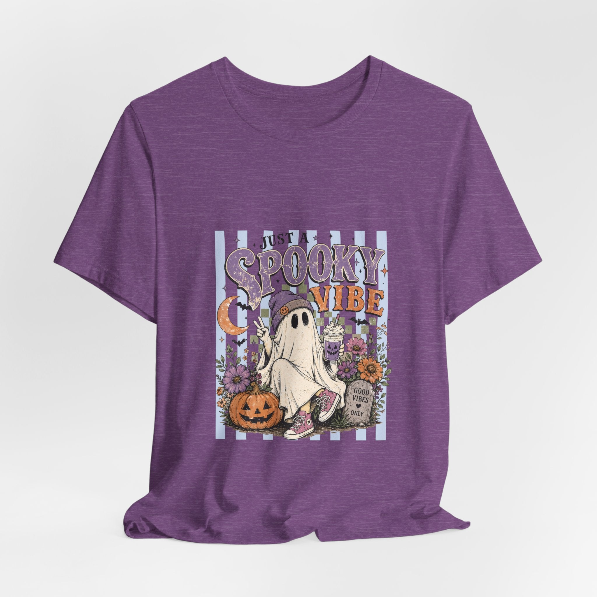 Spooky Vibe Ghost Tee — Cute Halloween Pumpkin & Graveyard Graphic Shirt